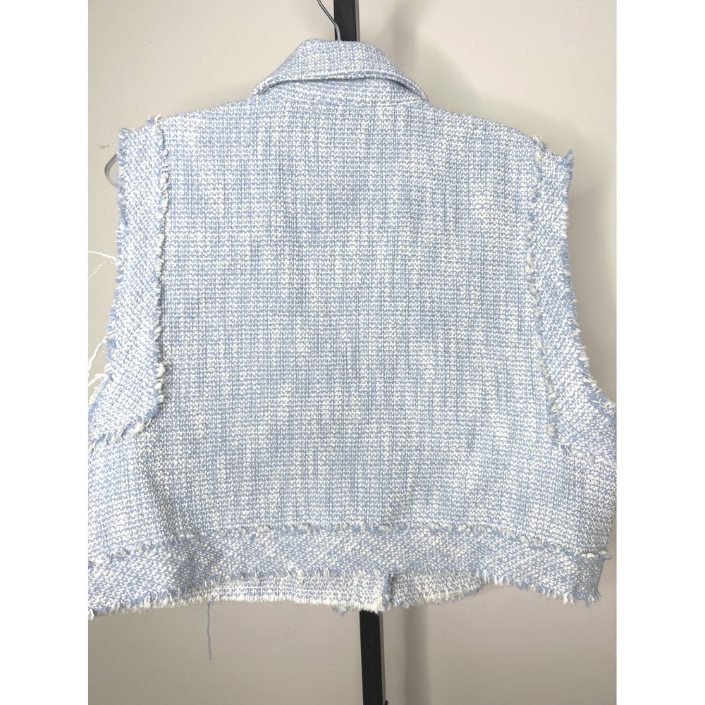 ZARA Light Blue White Tweed Fringe Vest Jacket Size L women New no‎ tags - Picture 4 of 4